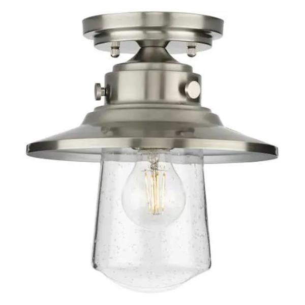 1 Light Stainless Steel Clear Seeded Glass Outdoor Semi Flush Light Fixture