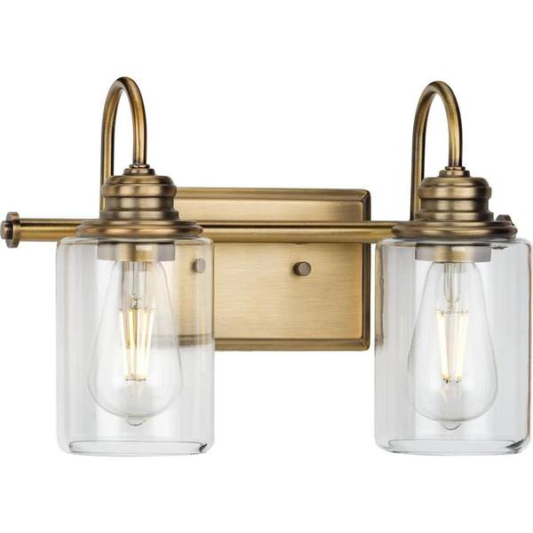 2 Light 120 volt Vintage Brass Vanity Clear Glass Light Fixture