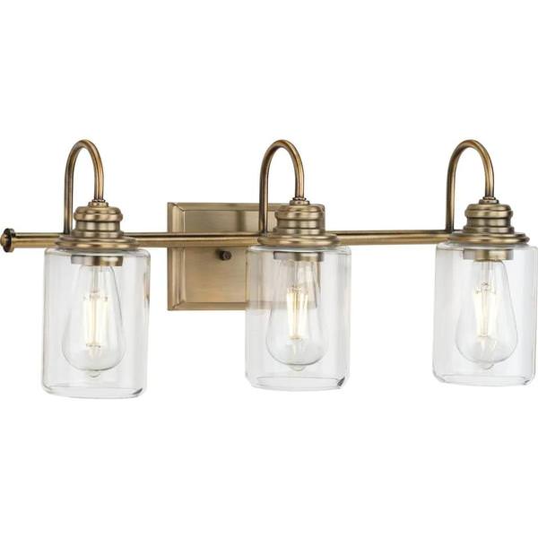 3 Light 120 volt Vintage Brass Vanity Clear Glass Light Fixture