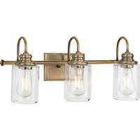 View 3 Light 120 volt Vintage Brass Vanity Clear Glass Light Fixture