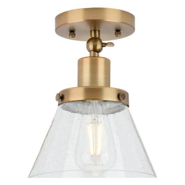 1 Light 120 volt Vintage Brass Clear Seeded Glass Cone Ceiling Light Fixture