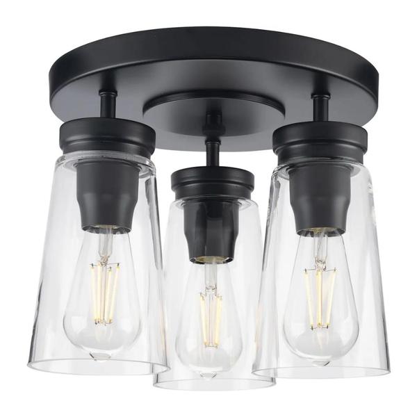 3 Light Matte Black Clear Glass Shade Flush Mount Ceiling Light Fixture