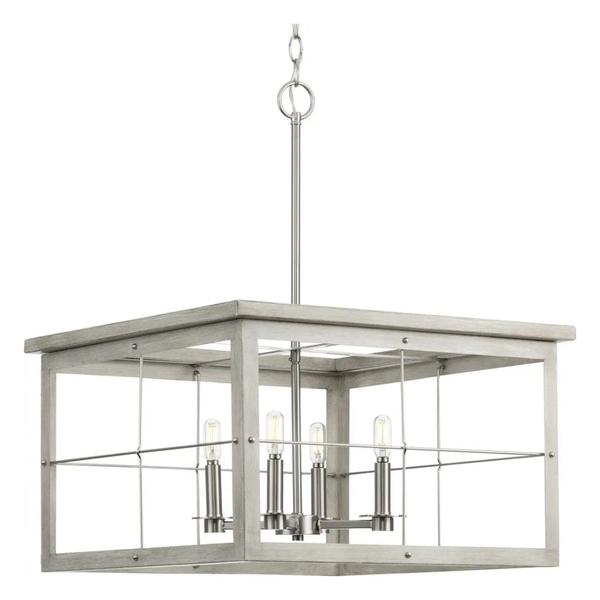 4 Light Brushed Nickel Grey Washed Oak Accents Chandelier Light Fixture