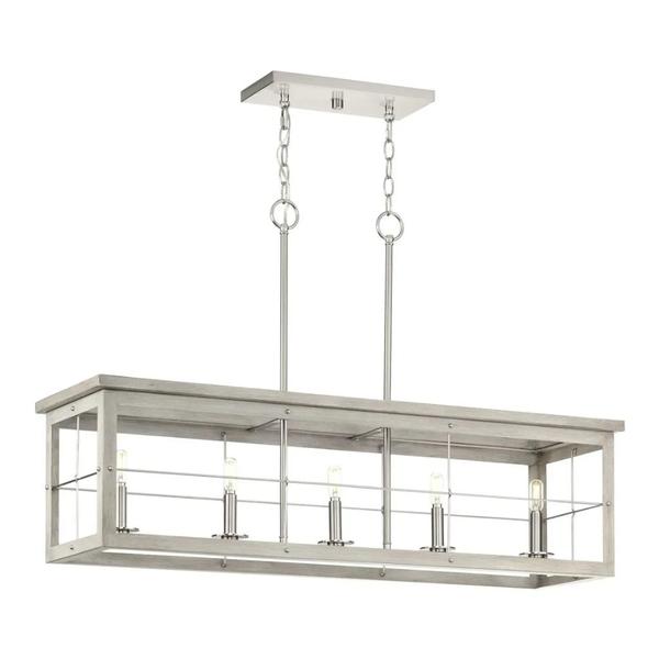 5 Light Brushed Nickel Grey Washed Oak Linear Chandelier Light Fixture