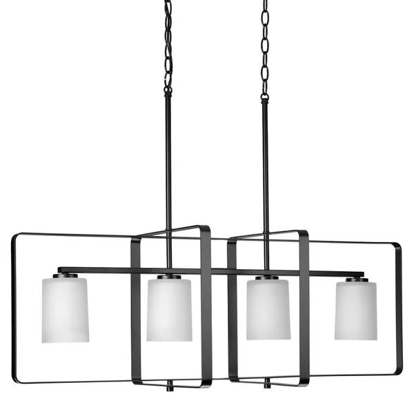 4 Light Matte Black Clear Etched Shade Linear Chandelier Light Fixture