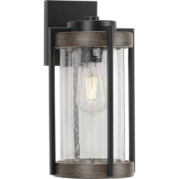 1 Light Black with Clear Seeded Glass Aged Oak Accents Wall Light Fixture