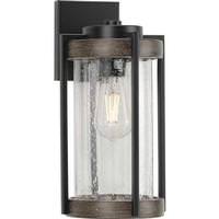 Progress Lighting 1 Light Black with Clear Seeded Glass Aged Oak Accents Wall Light Fixture