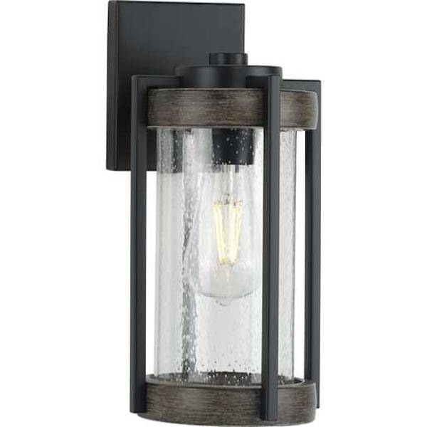 1 Light Black with Clear Seeded Glass Aged Oak Accents Wall Light Fixture