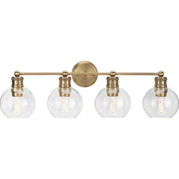 4 Light 120 volt Vintage Brass Vanity Clear Spherical Glass Light Fixture