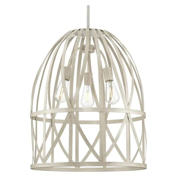 3 Light Brushed Nickel Bleached Oak Basket Farmhouse Style Pendant Light Fixture