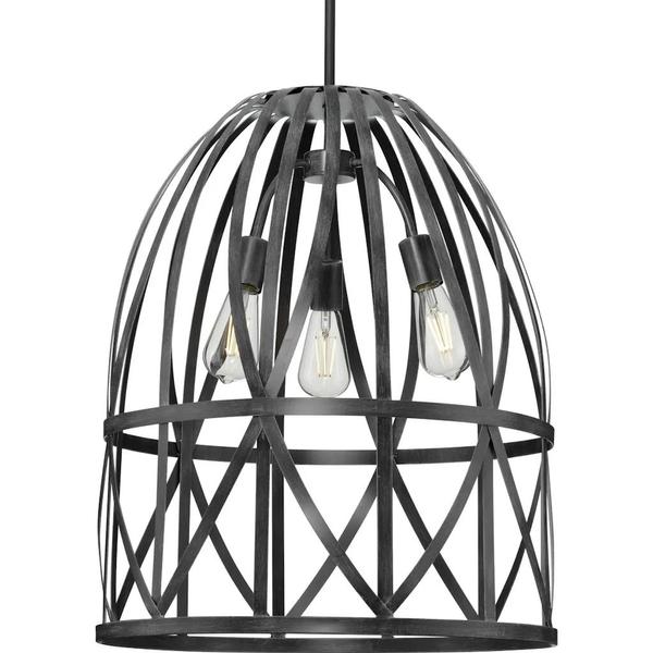 3 Light Black Oak Basket Farmhouse Style Pendant Light Fixture