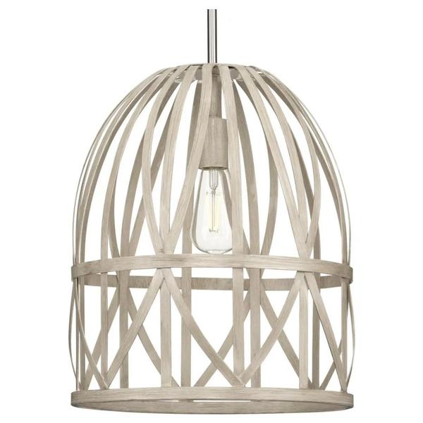 1 Light Brushed Nickel Bleached Oak Basket Farmhouse Style Pendant Light Fixture