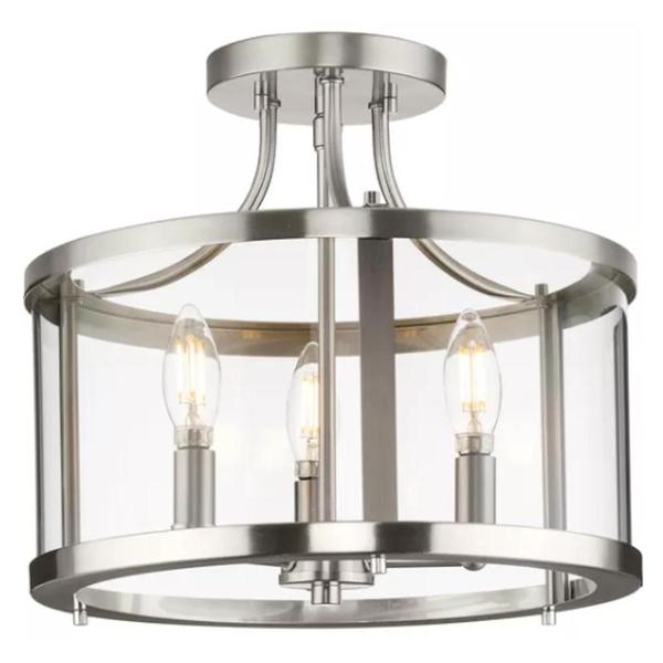 3 Light 120 volt Brushed Nickel Clear Curved Glass Pane Ceiling Light Fixture