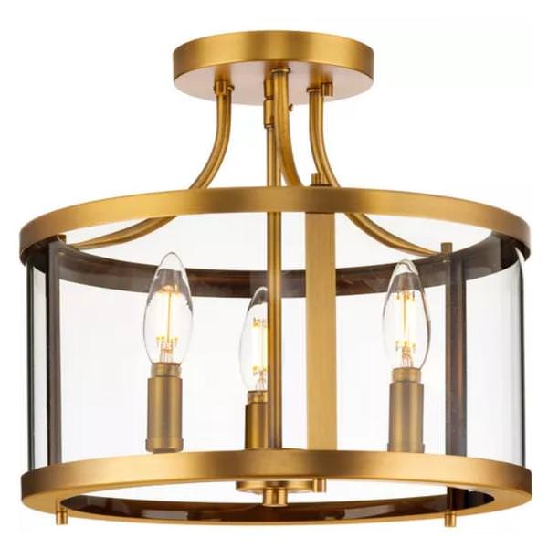 3 Light 120 volt Vintage Brass Clear Curved Glass Pane Ceiling Light Fixture