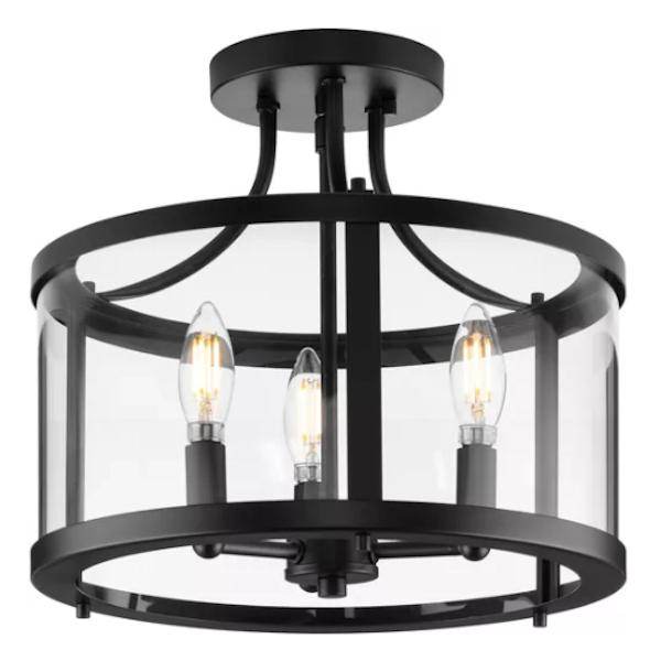 3 Light 120 volt Matte Black Clear Curved Glass Pane Ceiling Light Fixture