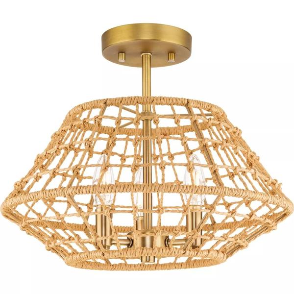 3 Light Vintage Brass Woven Jute Accents Semi-Flush Ceiling Light Fixture