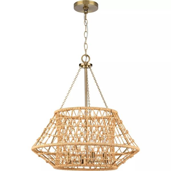 4 Light Vintage Brass Woven Jute Accents Chandelier Light Fixture