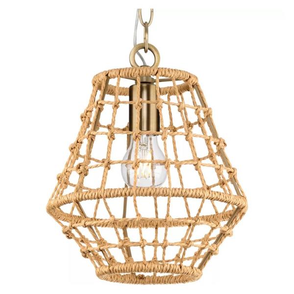1 Light Vintage Brass Woven Jute Accent Dimmable Pendant Light Fixture