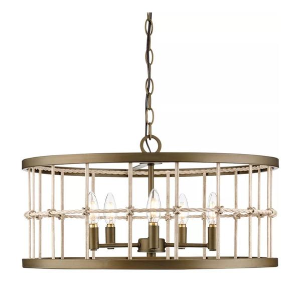 5 Light Aged Brass Weathered Rattan Accent Coastal Style Chandelier Light Fixture