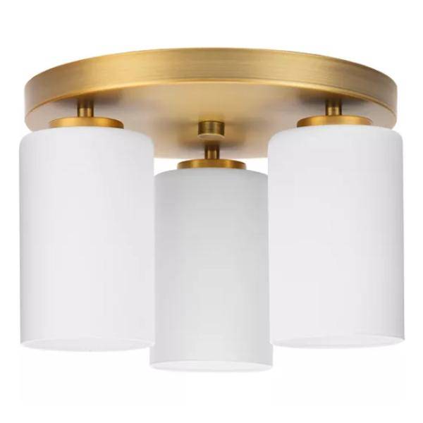 3 Light 120 volt Vintage Brass Etched White Cylindrical Glass Ceiling Light Fixture