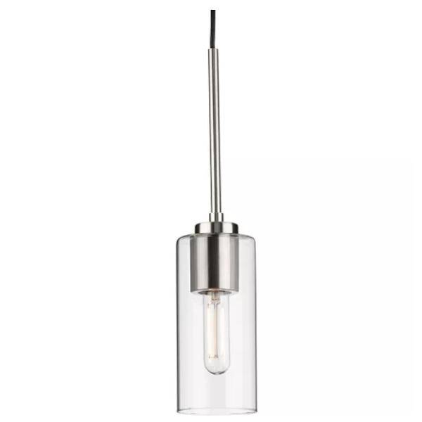 1 Light Brushed Nickel Clear Glass Cylindrical Shade Pendant Light Fixture