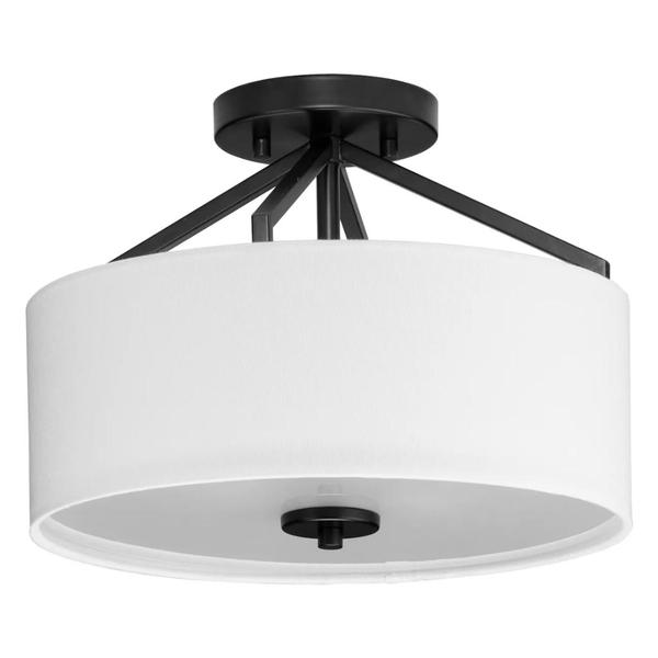 2 Light 120 volt Matte Black White Linen Fabric Shade Ceiling Light Fixture