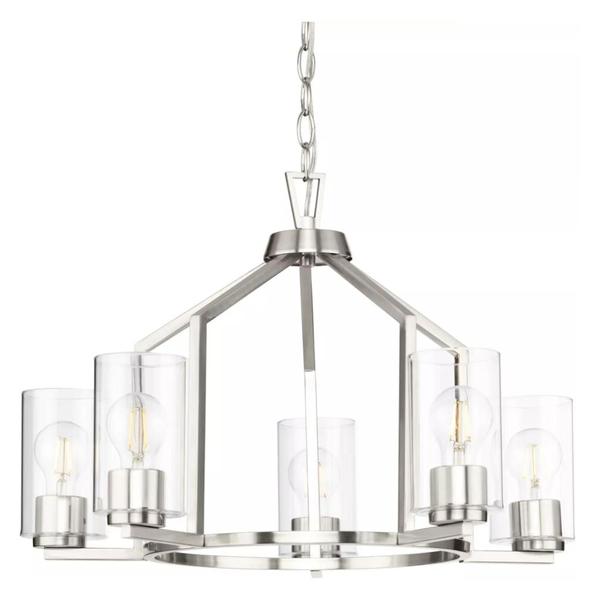 5 Light Brushed Nickel Clear Glass Shade Chandelier Light Fixture