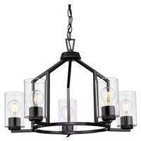 Progress Lighting 5 Light Matte Black Clear Glass Shade Chandelier Light Fixture