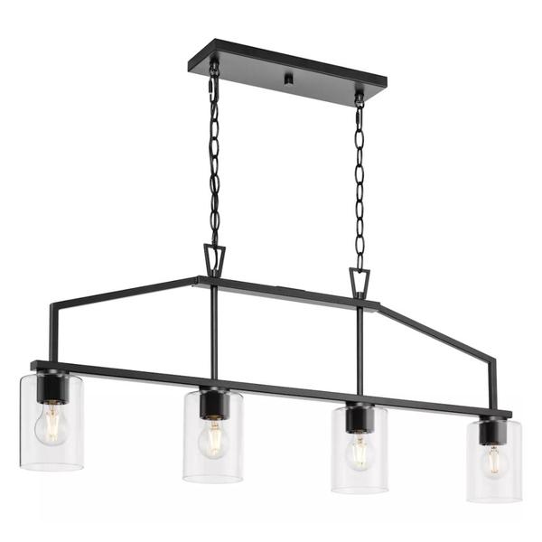 4 Light Matte Black Clear Glass Shade Linear Chandelier Light Fixture