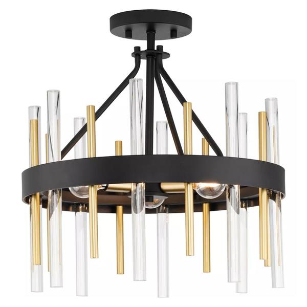 3 Light Matte Black Gold and Clear Glass Accents Modern Ceiling Light Fixture