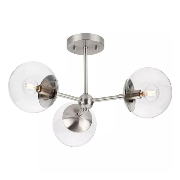 3 Light 120 volt Brushed Nickel Round Clear Glass Ceiling Light Fixture