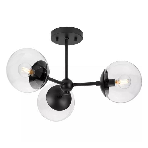 3 Light 120 volt Matte Black Round Clear Glass Ceiling Light Fixture
