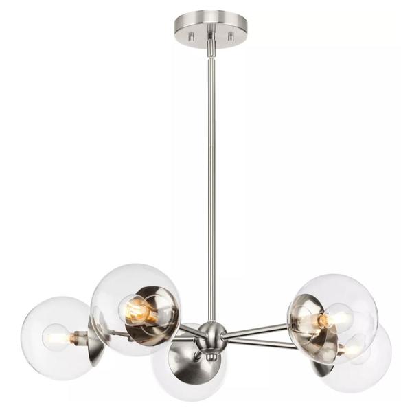 5 Light Brushed Nickel Clear Glass Shade Chandelier Light Fixture