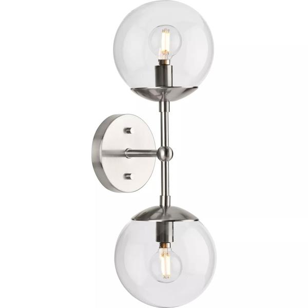 2 Light Brushed Nickel Clear Round Glass Light Fixture