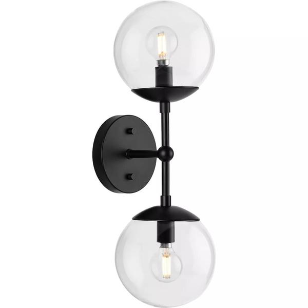2 Light Matte Black Clear Round Glass Light Fixture