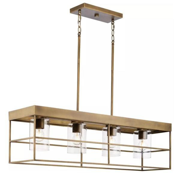 4 Light Aged Bronze Clear Seeded Glass Shade Linear Chandelier Light Fixture