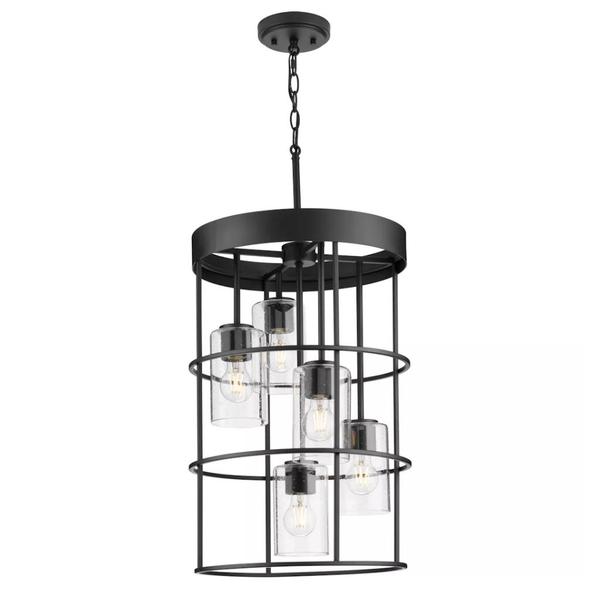 5 Light Matte Black Clear Seeded Glass Shade Chandelier Light Fixture