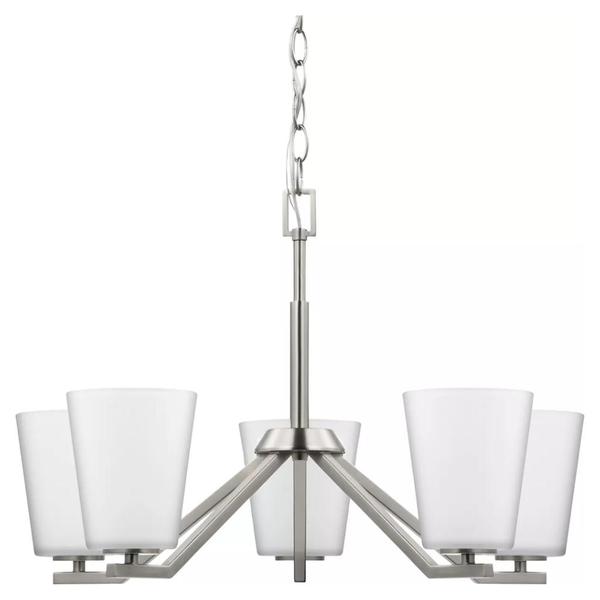 5 Light Brushed Nickel  Etched White Glass Shade Chandelier Light Fixture