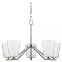 Progress Lighting 5 Light Brushed Nickel  Etched White Glass Shade Chandelier Light Fixture