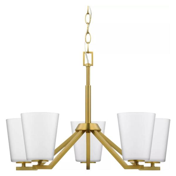 5 Light Brushed Gold Etched White Glass Shade Chandelier Light Fixture