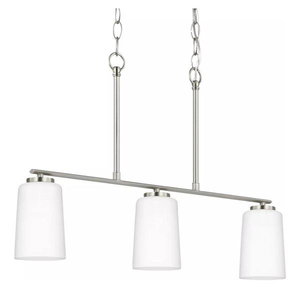3 Light Brushed Nickel Etched White Glass Shade Linear Chandelier Light Fixture