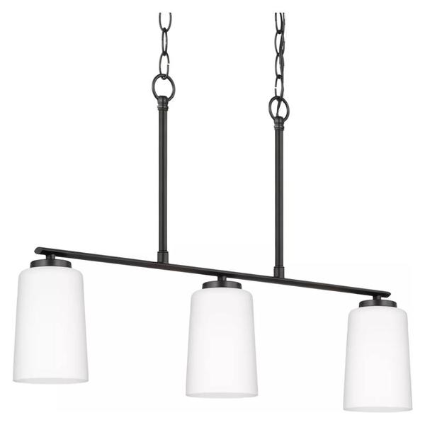 3 Light Matte Black Etched White Glass Shade Linear Chandelier Light Fixture