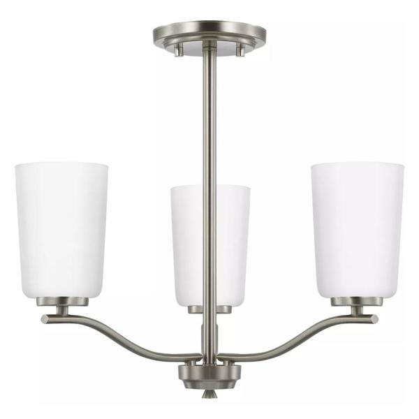 3 Light Brushed Nickel Etched White Glass Shade Convertible Chandelier Light Fixture