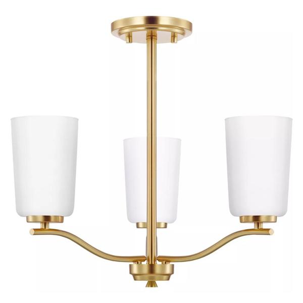 3 Light Satin Brass Etched White Glass Shade Convertible Chandelier Light Fixture
