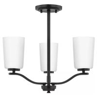Progress Lighting 3 Light Matte Black Etched White Glass Shade Convertible Chandelier Light Fixture