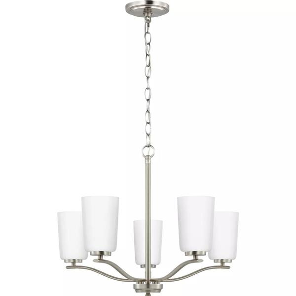 5 Light Brushed Nickel Etched White Glass Shade Chandelier Light Fixture