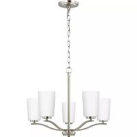 Progress Lighting 5 Light Brushed Nickel Etched White Glass Shade Chandelier Light Fixture