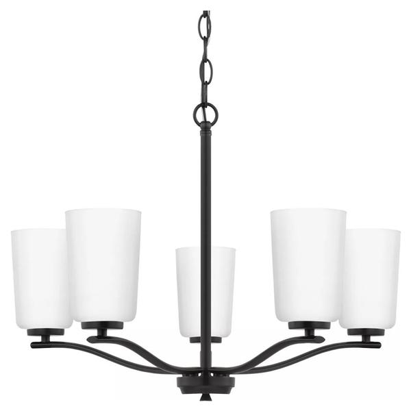 5 Light Matte Black Etched White Glass Shade Chandelier Light Fixture