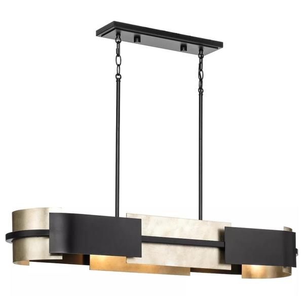 4 Light Textured Black Aged Silver Leaf Accent Linear Chandelier Light Fixture