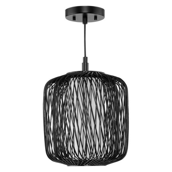 1 Light Black Rattan White Linen Fabric Shade Pendant Light Fixture